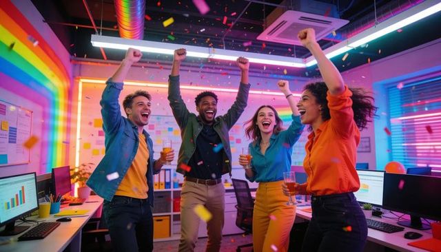 Young professionals celebrating team win in colorful neon office with confetti and drinks