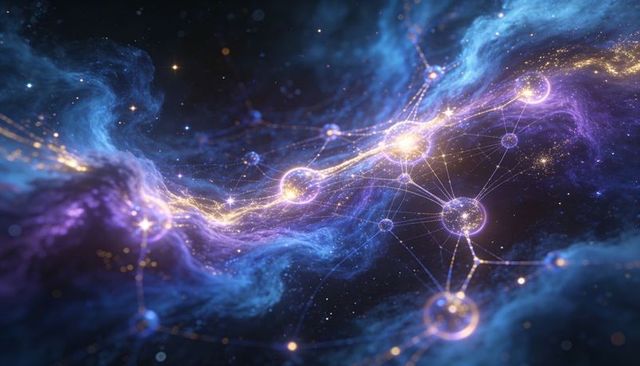 Cosmic neural network glowing spheres threading golden filaments through blue nebula