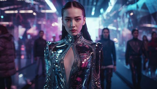 Futuristic Model in Metallic Bodysuit on High-Tech Runway