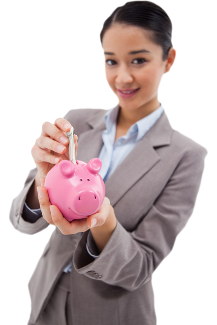 Businesswoman Putting Banknote in Piggy Bank on Transparent Background - Download Free Stock Videos Pikwizard.com