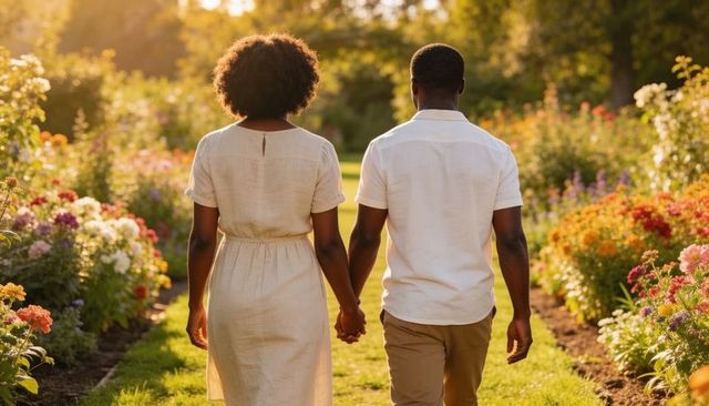 Romantic couple walking hand-in-hand through sunlit flower garden during golden hour