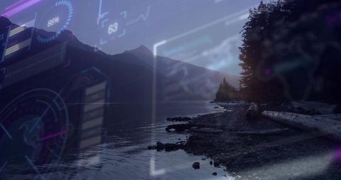 Futuristic Dusk Lake Shoreline with Driftwood, Forest Silhouettes and Holographic HUD Overlay