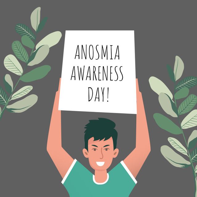 Image features a cheerful boy holding a sign reading 'Anosmia Awareness Day', with green leaves and a brown background. Ideal for health campaigns, awareness materials, social media posts, and educational content.