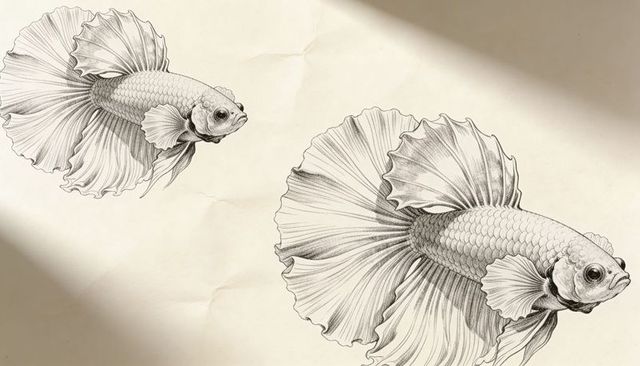 Vintage betta fish ink drawings on aged parchment with flowing fins and diagonal shadows
