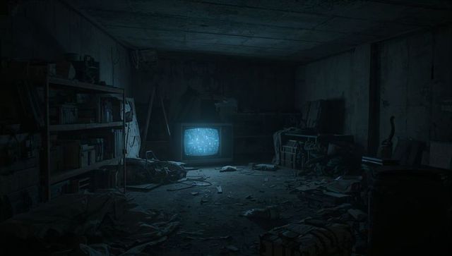 Eerie Basement with Static CRT Television and Clutter