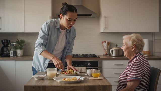 Asian caregiver arranging healthy breakfast for elderly woman in modern kitchen gentle care