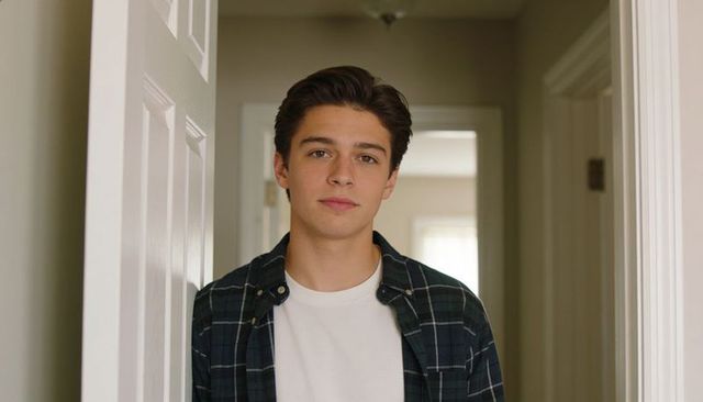Teen male standing in hallway wearing plaid shirt and white tee, natural soft light interior
