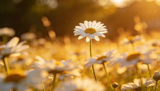 Sunlit single daisy standing tall in golden wildflower meadow at warm sunset glow