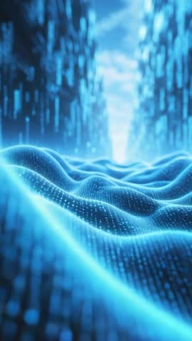 Vertical Cyber Data Corridor Drifting into Glowing Portal with Pulsing Digital Wave