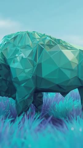 Vertical video panning revealing low-poly teal bison stepping and grazing in pastel grass
