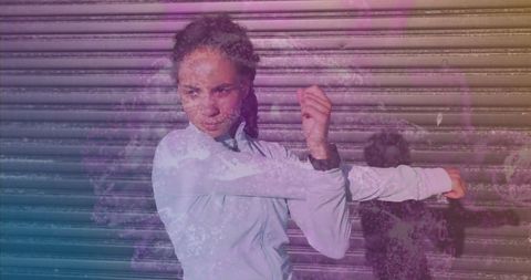 Active Woman Stretching Outdoors with Halftone Overlay