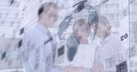 Business team analyzing global data with digital overlays