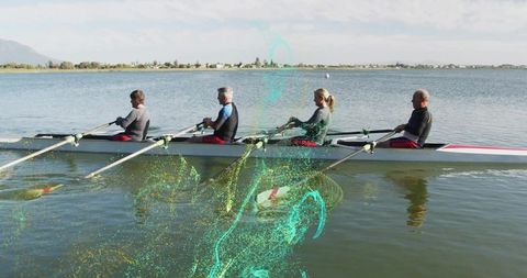 Team Rowing Crew Gliding on Serene Lake with Teal Swirls