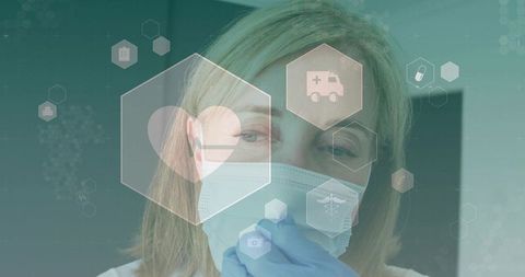 Nurse adjusting surgical mask with gloved hand, medical icons and digital interface