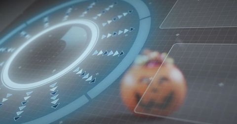 Futuristic circular hud glowing with spinning arrows and blurred jack-o'-lantern