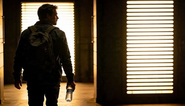 Backlit silhouette traveler walking through concrete corridor carrying backpack and water
