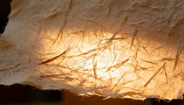 Handmade translucent fibrous paper glowing with backlit plant fibers and torn edge