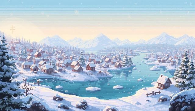 Pixel art winter fjord village at sunrise with snow-covered cottages and ice floes on calm bay