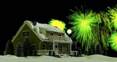 Festive fireworks over cozy snow-covered house