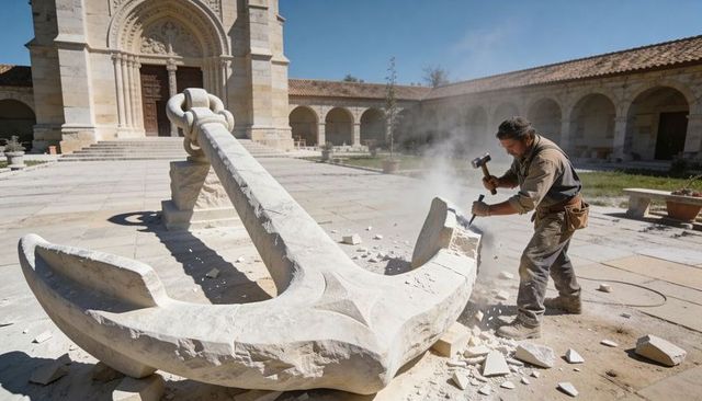 Master sculptor chiseling monumental stone anchor in sunlit cloister courtyard