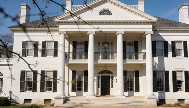 Neoclassical mansion facade with grand portico, four classical columns and symmetrical windows