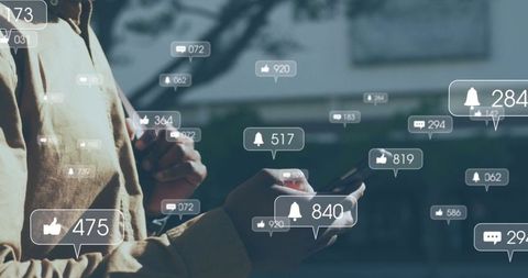 Man Using Smartwatch with Social Media Notification Bubbles Overlay