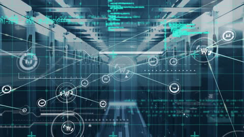 Digital Interface with Data Processing in Server Room Animation