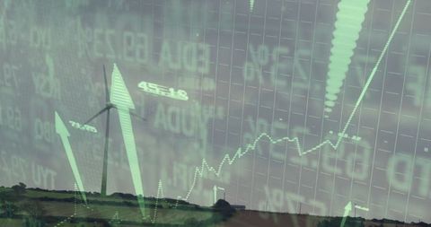 Wind Turbines with Financial Market Chart Overlay Representing Growth