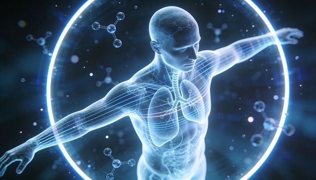 Futuristic holographic human anatomy with luminous organs, neural lines and molecules