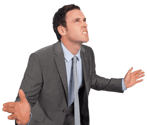 Frustrated Businessman in Suit with Hands Out in Transparent Background