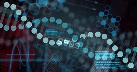 Holographic DNA Data Visualization Glowing Double Helix, Hexagonal Bioinformatics HUD