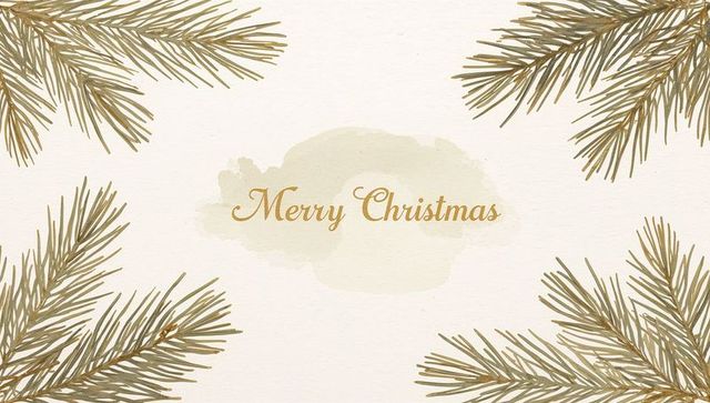 Merry christmas gold script on cream watercolor wash with pine sprigs minimalist card