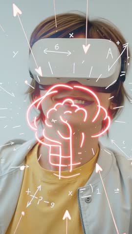 Teen Boy Exploring Neon Brain and Math Visuals in VR Headset Vertical Technology Video