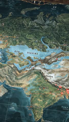 Tilting vertical video touring wall mounted map EFP VILVIAS toward Middle East and India