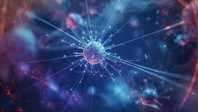 Futuristic neon sphere in digital universe with floating particles