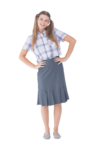Smiling Teen Wearing Pleated Skirt and Plaid Shirt on Transparent Background