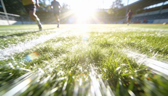 Sunlit stadium turf with players running, low-angle grass and motion blur, lens flare