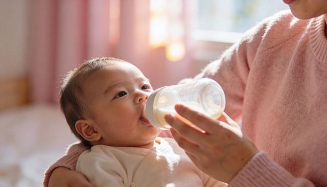 Parent feeding baby with bottle while cradling in sunlit pastel nursery, gentle bond