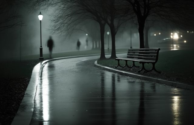 This evokes an ominous atmosphere with an empty park lit by lampposts and silhouettes of ghostly figures. Use it for themes related to horror, mystery, solitude, foreboding urban environments, and mood setting in visually creative projects.