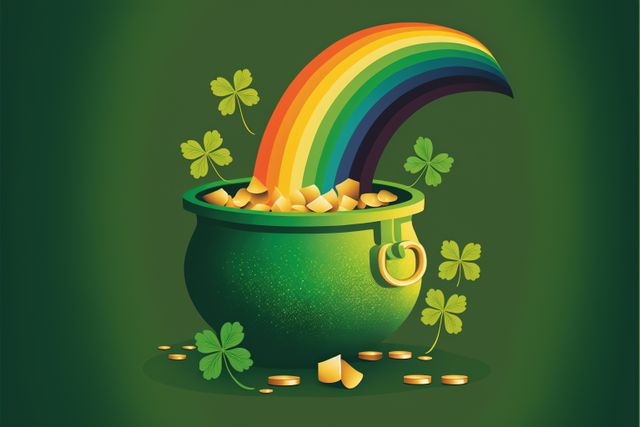 Green jar of gold and rainbow of leprechaun on green, created using generative ai technology. St patricks day and celebration concept digitally generated image.