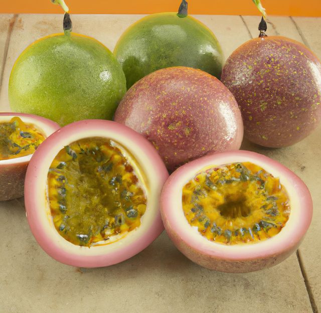 Different types of passion fruits displayed, showcasing green and purple varieties, some of which are cut open to reveal the juicy, seed-filled insides. This vibrant and fresh selection is ideal for content related to tropical fruits, healthy eating, exotic fruits, and agriculture. Perfect for blogs, articles, menu designs, and healthy lifestyle promotions.