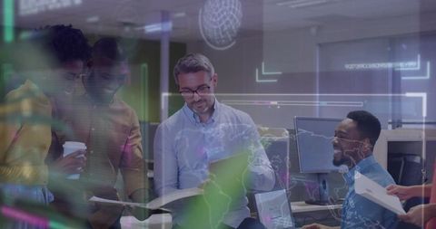 Team collaborating on innovation and strategy with modern technology