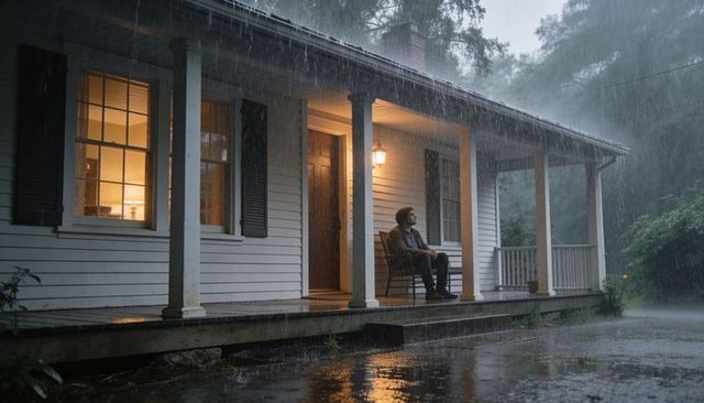 Sitting man on rain-soaked front porch at night, lantern glow evoking moody solitude