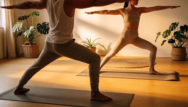 Partners practicing warrior ii yoga in sunlit living room with indoor plants and mats for balance