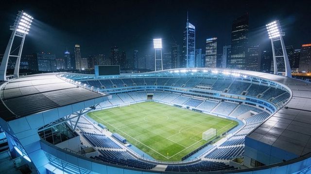 Nighttime illuminated football stadium showcasing empty pitch and city skyline under floodlights