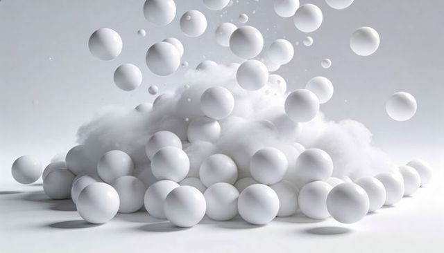 Floating White Spheres Forming Soft Vapor Cloud in Minimal Monochrome Composition