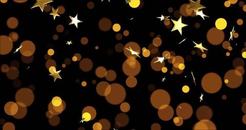 Floating Golden Bokeh with Metallic Star Confetti on Black Backdrop for Festive Luxury