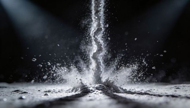 Falling powder stream forming dramatic dust spray and central mound under two spotlights