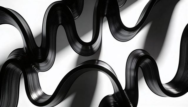 Glossy black ribbon waves flowing across white surface with sculptural shadows monochrome abstract