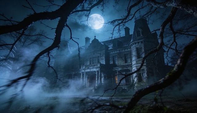 Moonlit victorian manor looming through fog and twisted branches for gothic horror